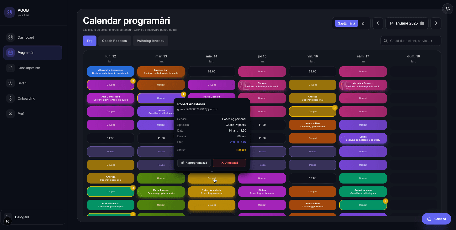 Screenshot calendar VOOB cu rezervări pentru luna ianuarie, afișând interfața de management a programărilor